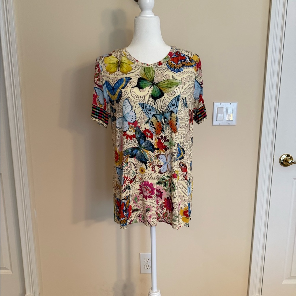 Johnny Was Multicolor Butterfly and Floral Short Sleeve Top